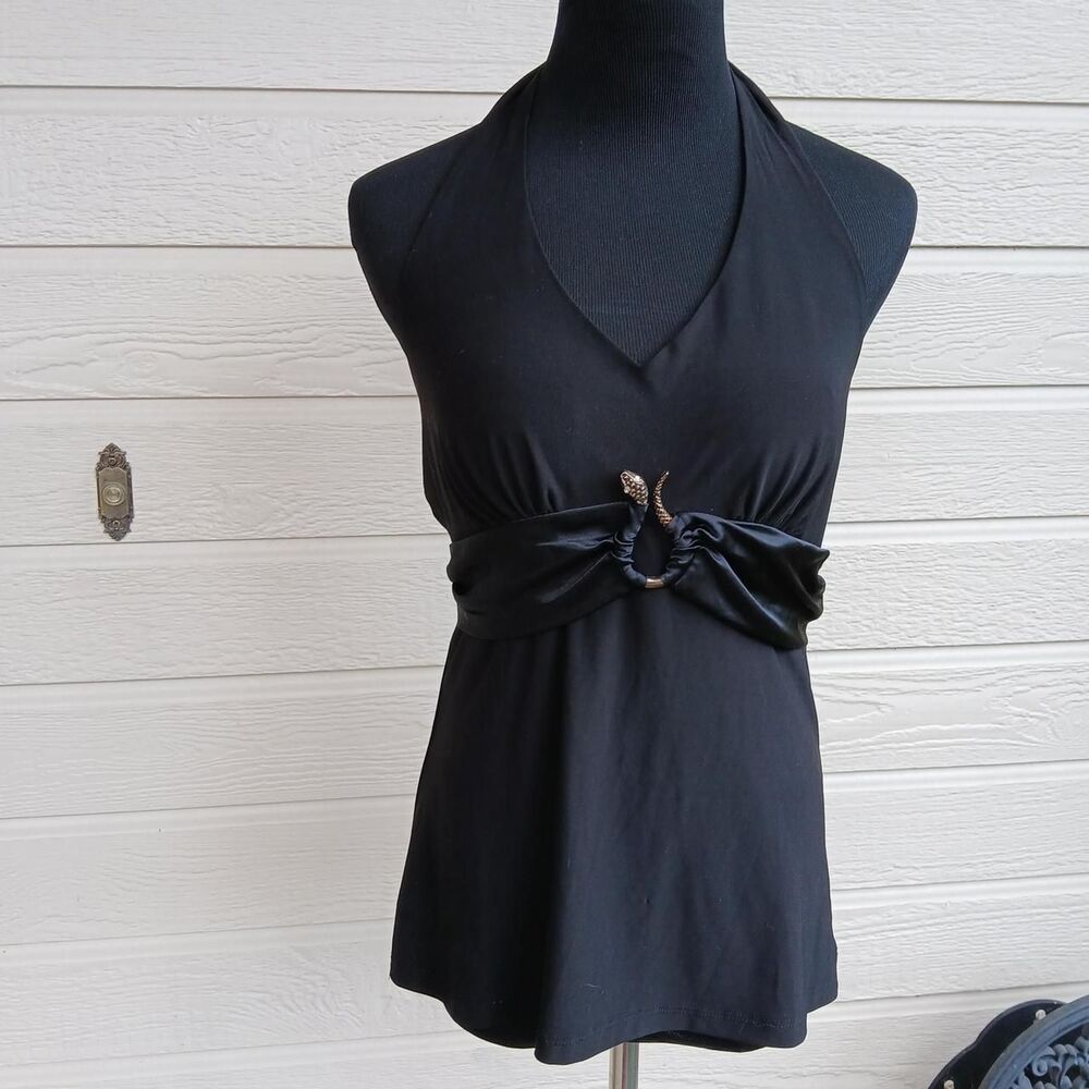 Y2K Vintage Black V-neck Halter Top Satin Sash Jewel Eye Snake Empire Waist Goth